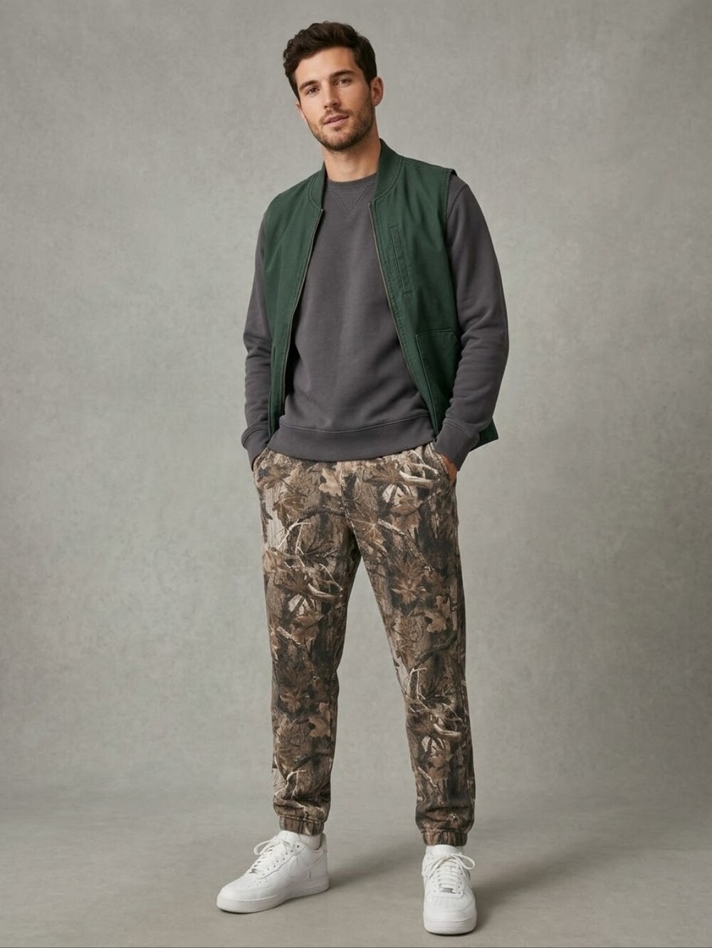 Hollister Men’s Relaxed Fit Joggers XS Tall Camo Woodland Print Brown Green